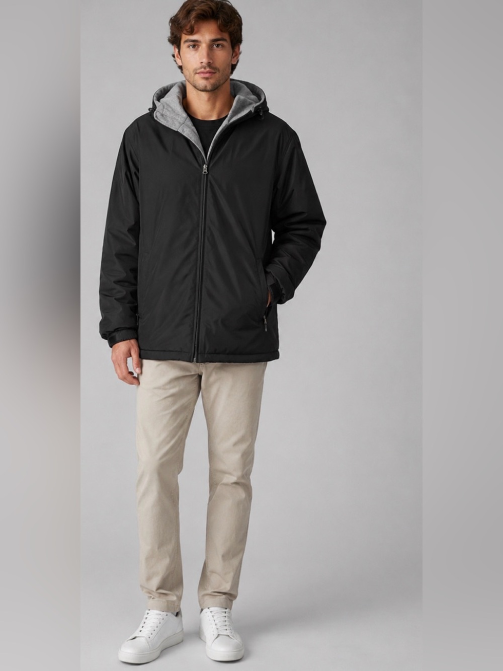 Lands’ End Japan Reversible Hooded Jacket Large Black Nylon Gray Fleece 00s Y2K